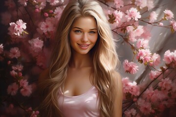 Obraz na płótnie Canvas Beautiful smiling young woman with long brown hair symbolizing spring and blossoming trees