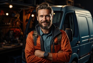 A confident man stands with crossed arms in front of his sleek van, exuding a sense of authority and ownership as he braves the elements of the bustling street - Powered by Adobe
