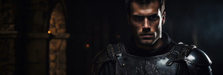 Brooding Gothic knight portrait, full black armor, standing in a medieval stone castle, flickering...
