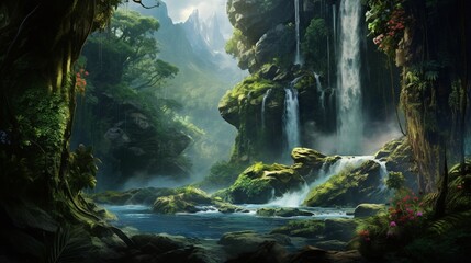 A breathtaking view of a cascading waterfall hidden within a lush rainforest. - Powered by Adobe