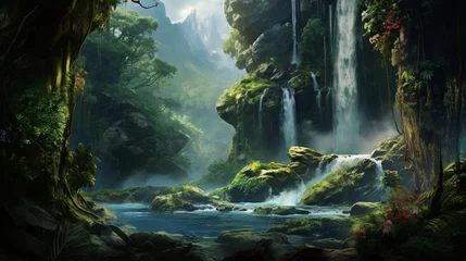 Tuinposter A breathtaking view of a cascading waterfall hidden within a lush rainforest. © PZ Studio