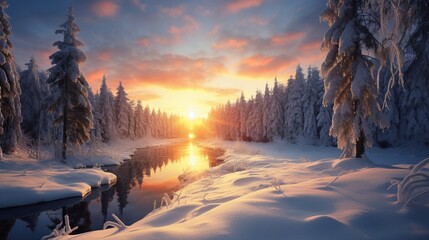 A breathtaking winter panorama reveals a dense forest covered in snow as the sun rises on the horizon.