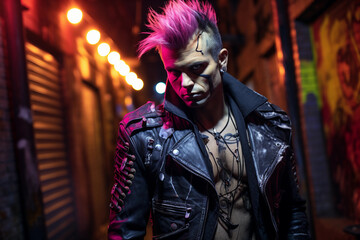 Obraz premium Gothic punk portrait, individual with spiked hair, leather outfit, neon accents, set against a grungy urban alleyway
