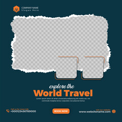 Explore world travel agency social media post or instagram web banner template - obrazy, fototapety, plakaty