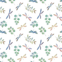 delicate watercolor dragonflies in botanical seamless pattern, illustration for wallpaper design, wrapping paper, print, greeting cards.