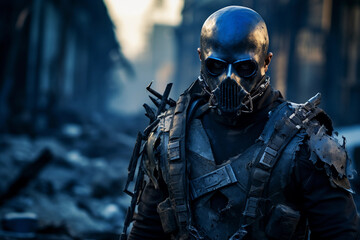Post-apocalyptic Gothic warrior portrait, scarred face, dark tactical gear, backdrop of a ruined cityscape
