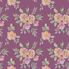bright butterflies and colorful flower pattern on purple background