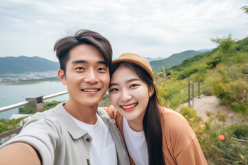 Young Couple Mountain View Point Happy Smiling Man And Woman Taking Selfie Photo On Cell Smart Phone Holiday Summer Vacation Travel