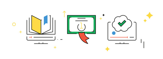 Online education, course, audio book, distance study, video tutorial, lecture, education plan vector illustration.