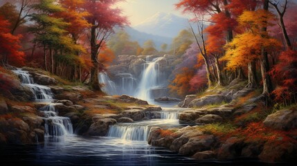 A captivating autumn forest scene with a majestic waterfall as its centerpiece. - Powered by Adobe
