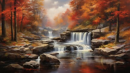 A captivating autumn forest scene with a majestic waterfall as its centerpiece.