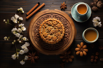 Chinese mid autumn festival mooncake on wooden table