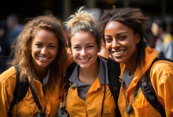 A group of stylish women radiate confidence and joy as they stand outdoors, their bright orange jackets a striking contrast to their beaming faces and the vibrant yellow surroundings