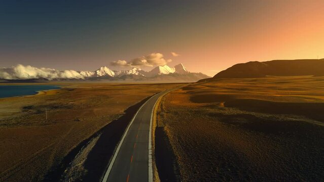 Sunrise in the morning road,Aerial view