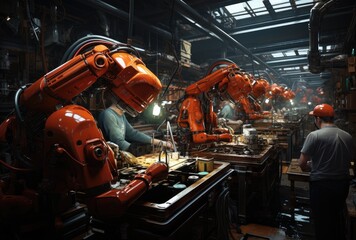 A team of mechanical beings tirelessly produce garments in the industrial setting of a factory