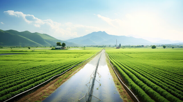 Green agriculture field with water