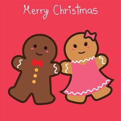Gingerbread man and woman holding hands isolated on red background, vector illustration