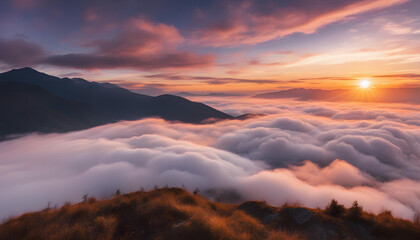 Beautiful sky over clouds at sunset time in mountains