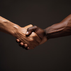 Close-up of a handshake between two hands of different skin colors on a dark background, symbolizing peace and understanding between different races. 