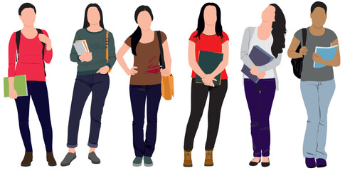 Group of multiracial and multicultural college students. Young girls holding books, standing and walking to university. Vector realistic illustration on isolated white background