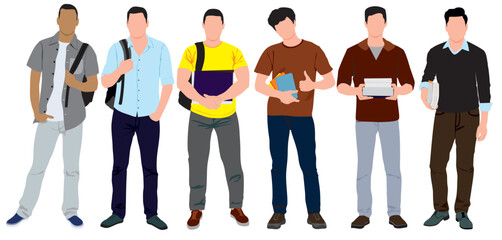 Obraz premium Group of multiracial and multicultural college students. Boys holding books, standing university. Vector realistic illustration on isolated white background