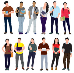 Obraz premium Group of multiracial and multicultural college students. Young girls and boys holding books, standing and walking to university. Vector realistic illustration on isolated white background