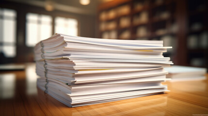 Stack of business documents on a wooden desk - obrazy, fototapety, plakaty