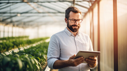 Male farmer stands with a tablet in the greenhouse checking plant readings