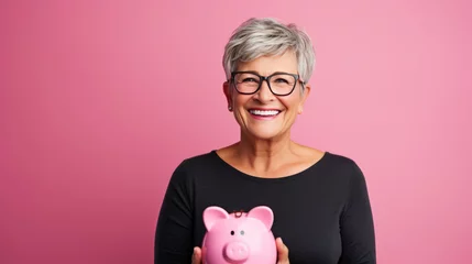Fotobehang Cheerful senior woman smiling widely while holding a piggybank, standing against a turquoise blue background. © VLA Studio