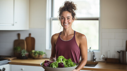 Smiling woman is holding a bowl of salad with fresh greens and , standing in a kitchen.