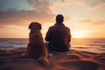 A dog and owner staring at the sunset Man and dog sitting on the sand on the beach - Powered by Adobe