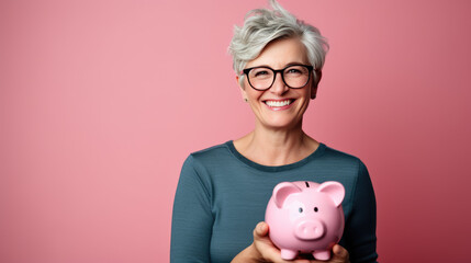 Cheerful senior woman smiling widely while holding a piggybank, standing against a turquoise blue background. - Powered by Adobe