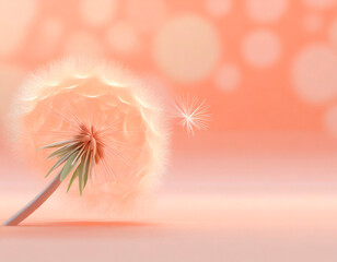 Color of the year 2024: Peach fuzz, delicate soft peach shade. For use in fashion, graphic and multimedia design. Hue that echoes innate desire for closeness and connection. Dandelion and copy space. - obrazy, fototapety, plakaty