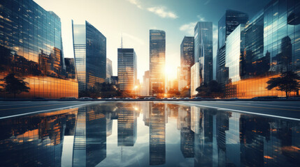 Dazzling urban landscape with reflective skyscrapers and contemporary business office buildings