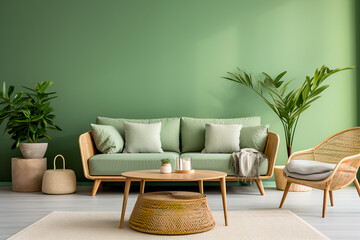 Modern living room in Scandinavian style: Elliptical coffee table beside a light green sofa, wicker chairs against a green wall, exuding chic simplicity.
