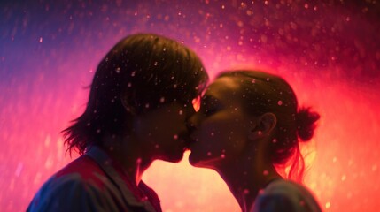 Couple sharing romantic moments under the rain on valentine's day