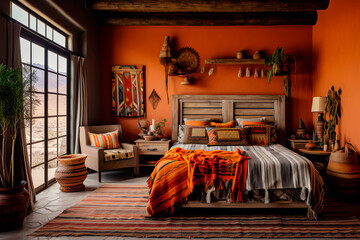 Southwestern-inspired bedroom: Elegance with Spanish textiles, iron details, and desert...