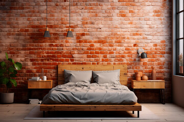 Contemporary industrial bedroom loft: Wooden bed against brick wall, embodying a blend of modern aesthetics and urban charm.