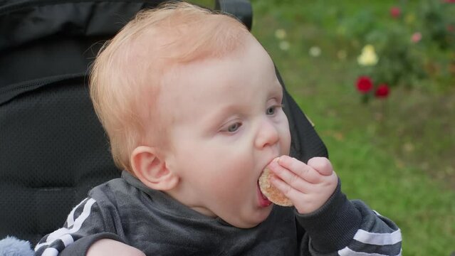 Cropped image of mother giving food to baby. Cute toddler eating while sitting on stroller. They are relaxing at park.
