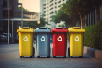 Recycling trash Yellow, green, blue and red where there is a recycling symbol in public places and waste management and recycling