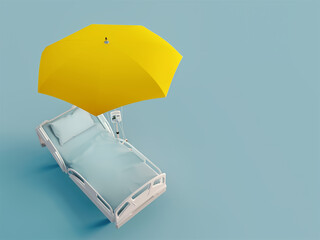 Hospital bed with yellow umbrella on blue background.Concept for health insurance.3d rendering © manow