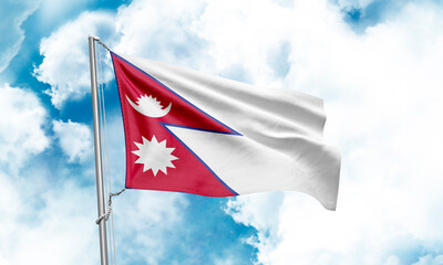 Fototapeta premium Nepal flag waving on sky background. 3D Rendering