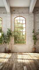 A window illuminates a room with a captivating view against a rustic brick wall, creating a serene and spacious ambiance