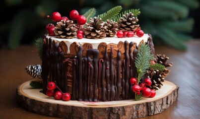 tree trunk cake with christmas decorated