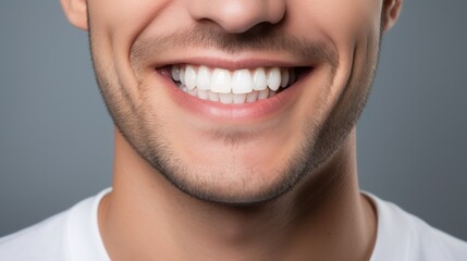 Fototapeta premium Young white man with beautiful smile on grey background. Teeth whitening generative ai.