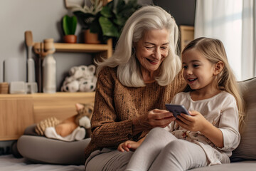 Smiling grandmother and granddaughter on mobile.Caring grown up granddaughter teaching grandmother to use mobile phone