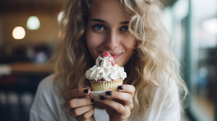 Young beautiful woman eating a cake with cream closeup