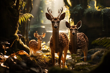 A Group of Deer in Sunlit Forest Generative AI