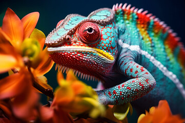 Obraz premium Chameleon on the flower. Beautiful extreme close-up.
