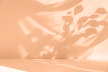 Foto auf Acrylglas Pantone 2024 Peach Fuzz Tropical leaf shadow blank background composition for product presentation. Beautiful trendy peach fuzz color background.